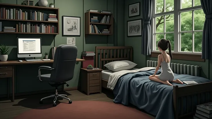 a bedroom of a nerdy anime girl, on the style of the "Death Note" anime series, no character, masterpiece, precision
