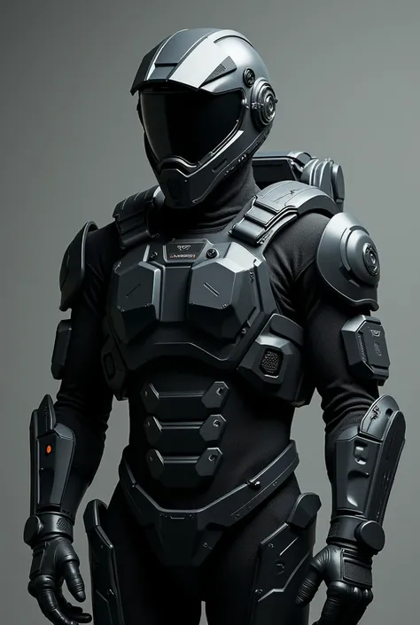 A person wearing level 3 helmet in black suit with a greyish background 