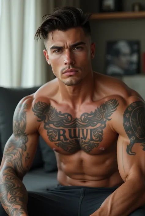 a young man AI high quality muscular tattoo with name ruy tanned skin piercing gaze light pink mouth with living room background sitting realistic