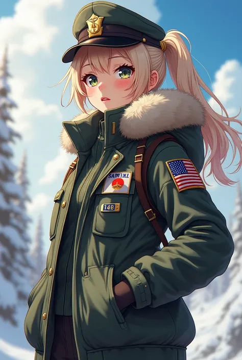 Anime girl militaire avec un patch 14/88 écrit en gros sur son gilet par balle , avec une énorme croix gamme derrière elle , il est écrit "World wide white pride sur son gilet par balle 