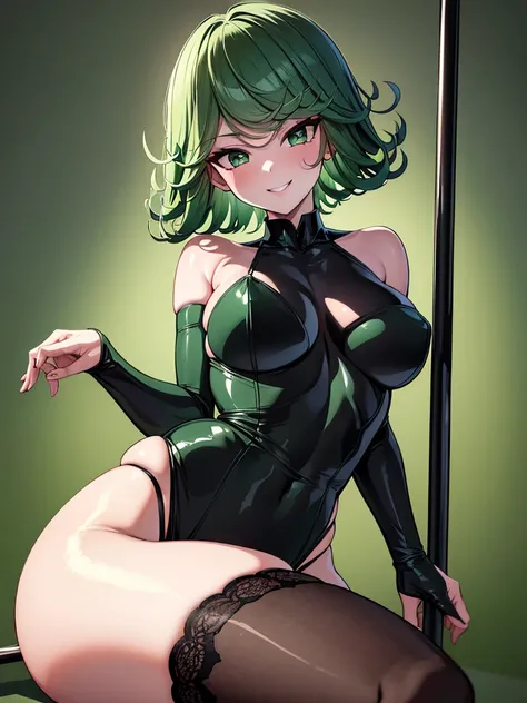 (high res, 8K, masterpiece, looking at viewer, best quality, very aesthetic, ultra detailed, ultra background, ultra Eyes) intricate details, 1girl, Tatsumaki, Black Bunny Suit, Stockings, Green Short hair, Green Eyes, Swaying on the dance pole, Smile Face...