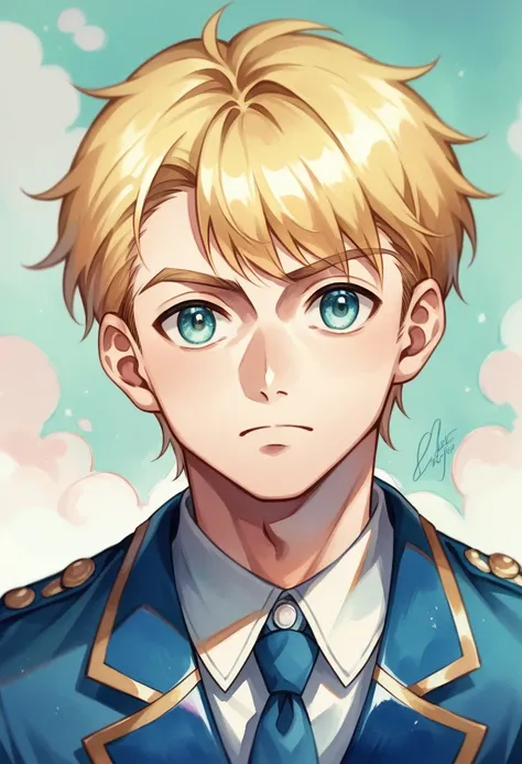 masterpiece, best quality, illustration, 1boy, solo, male focus, looking at viewer, upper body, depth of field, (watercolor illustration, soft pastel colors:1.1), , chika_shinmoto, blonde hair, aqua eyes,blue school uniform , world war 2,