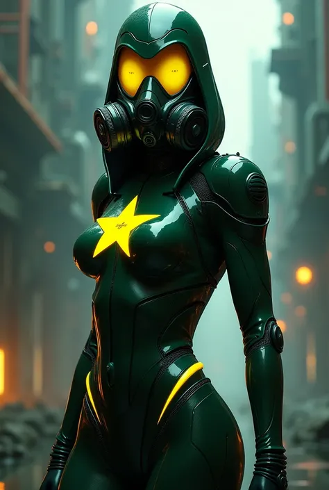 WOMAN hero, DARK GREEN glue , YELLOW star on the chest, ARTPOP gas mask