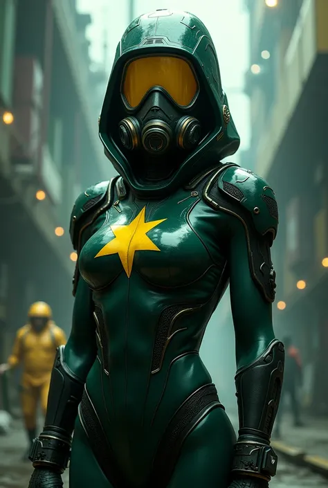 WOMAN hero, DARK GREEN glue , YELLOW star on the chest, ARTPOP gas mask