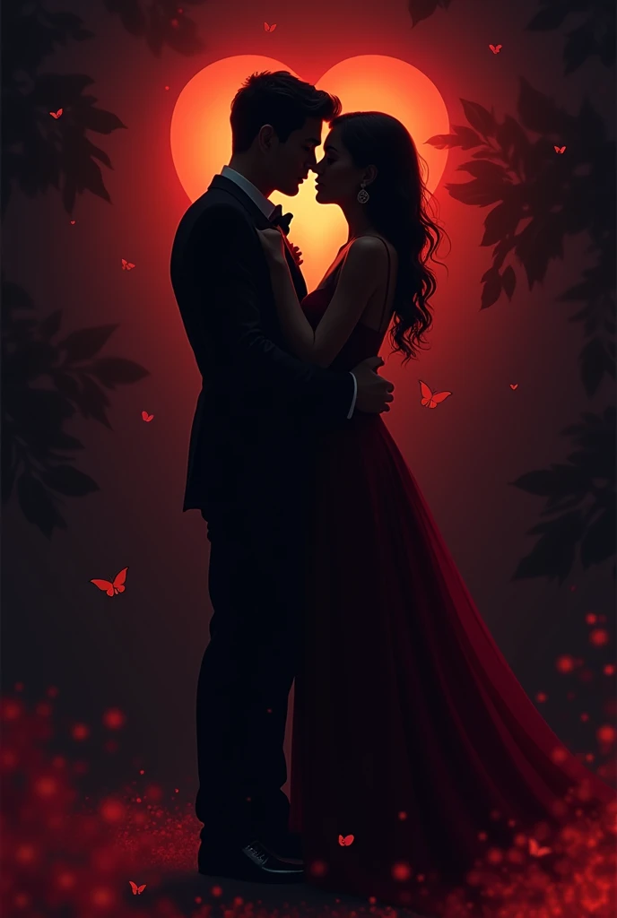 • Bottom: A gradient from red to black, fire and shadows • Create an elegant and sensual illustration with a couple in a suggestive yet artistic pose. The scene should focus on the silhouette of both, highlighting intimate details such as intertwined hands...