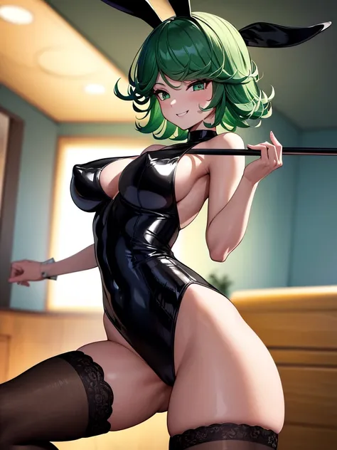 (high res, 8K, masterpiece, looking at viewer, best quality, very aesthetic, ultra detailed, ultra background, ultra Eyes) intricate details, 1girl, Tatsumaki, Black Bunny Suit, Rabbit ears, rabbit tail, Stockings, Green Short hair, Green Eyes, Swaying on ...