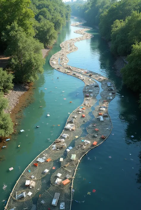 Make me a design of a net made of plastic in a river collecting garbage that is horizontal but not in a straight line