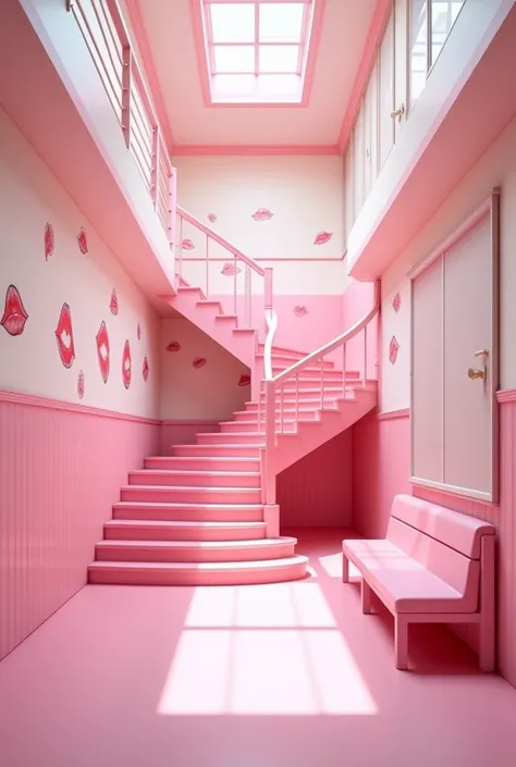 (photorealism:1.2) 
Looking up a pink school staircase in a pink and white classic school From the pink classic school hallway, 
 Along the hallway there are some Theres a long pink bench along the hallway, there are many drawings of 💋 can be seen on the w...