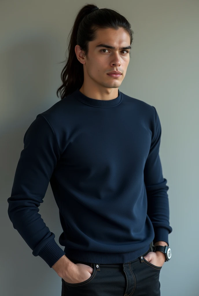 a young man with long black hair in a ponytail, wearing a navy pullover and black jeans, detailed face, detailed eyes and lips, portrait, fantasy character, realistic, photorealistic, 8k, high quality, hyper detailed, cinematic lighting, dramatic lighting,...