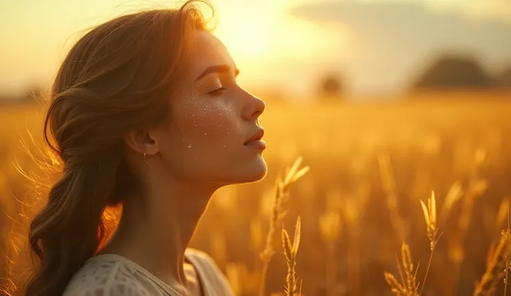 ((best quality)), ((masterpiece)), (detail), perfect face, panoramic photo of a young Russian woman praying in a golden field, the woman is in the center of the frame, sparkling and magical light, surreal photo, 8k, ultra high resolution, sharp face