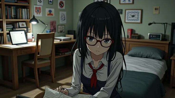 a bedroom of a nerdy anime girl, on the style of the "Death Note" anime series, (no-character:1.4), masterpiece, precision, realistic
