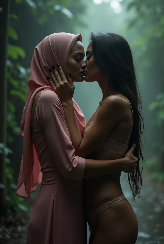 beautiful hijab indonesian lesbian girl laying down,bra and panties,hugging,french kiss,breast grope,view from far,,raining,