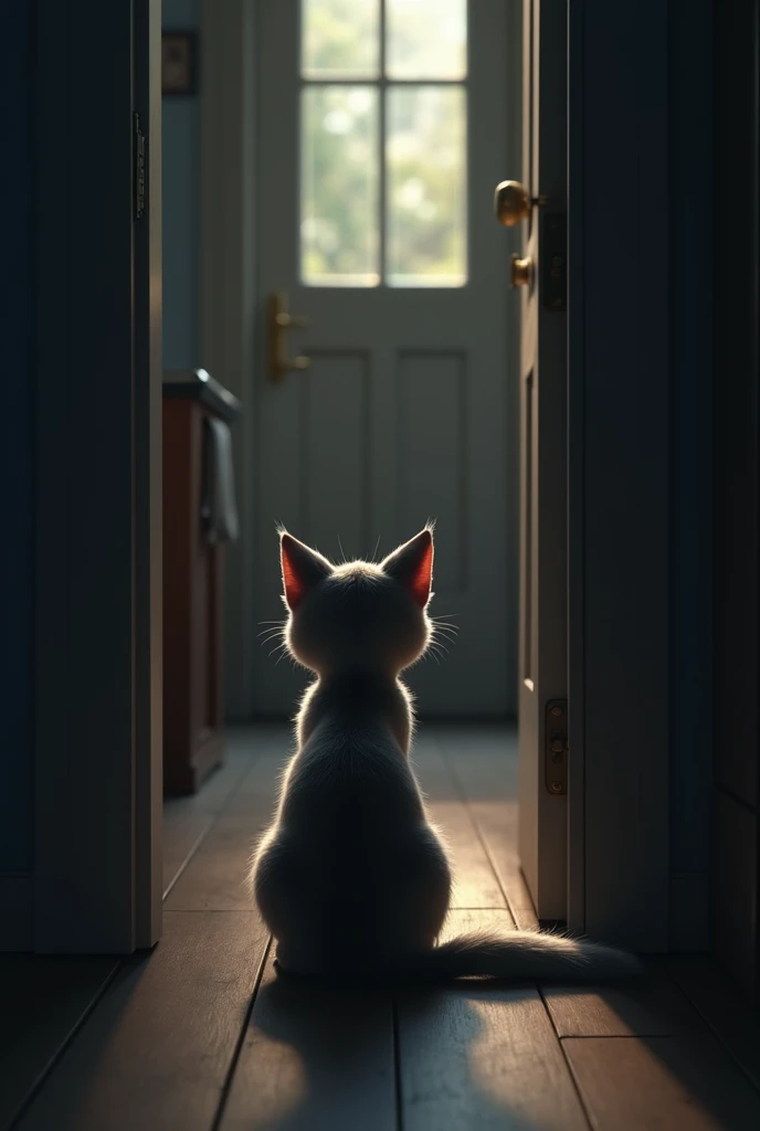  A scene of a cat anxiously waiting by the door for its owner to return. The cat sits still in front of the door, ears perked up, and eyes wide open. It looks a bit anxious and restless, with its tail swaying slightly. The dimly lit hallway is illuminated ...