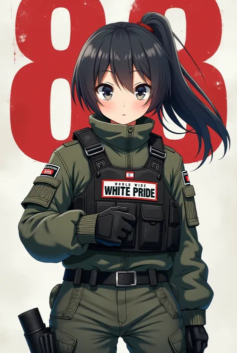 Anime girl militaire avec un patch World wide white pride écrit en gros sur son gilet par balle , avec 88  derriere elle  , 