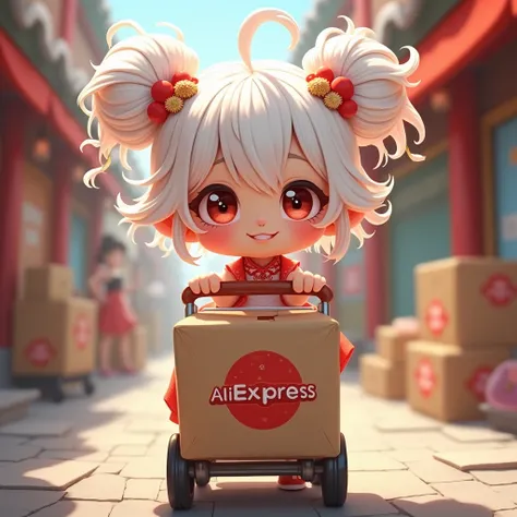 Chibi girl with chinese style hairstyle and white hair pushing cart with boxes, which shows the AliExpress logo 