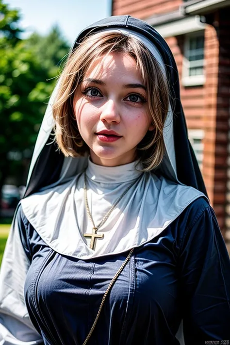 Stunning girl, best quality, ultra high res, (photorealistic:1.4), (faded ash white hair:1), large_breasts, droopy breasts, thick thighs, wide hips, ((revealing nun cosplay)), black nun robe, veil covering hair, necklace, praying_hands, close up, church, B...