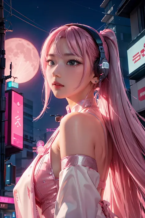 Singer, microphone in hand, cyberpunk microphone, singing, 1 girl, Chinese_clothes, liquid silver and pink, cyberhan, cheongsam, cyberpunk city, dynamic pose, glowing headphones, glowing hair accessories, long hair, glowing earrings, glowing necklace, cybe...