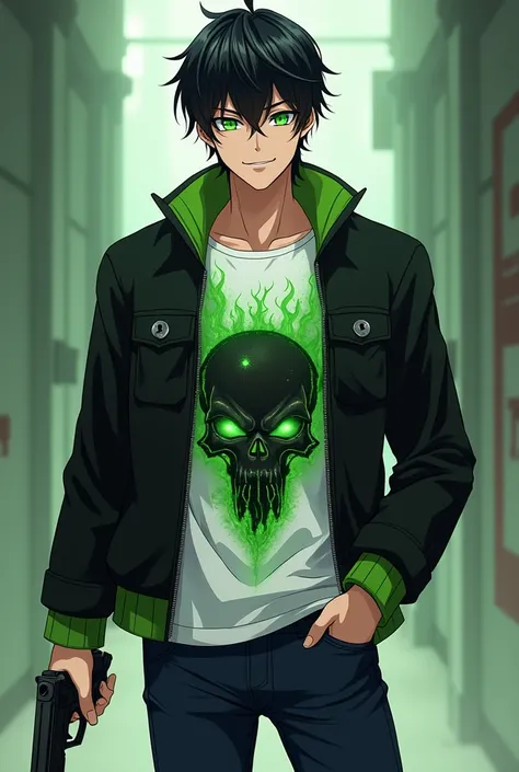 A 1 anime fantasy handsome guy with flashy green eyes , a pistol in his right hand , a black fit jacket with green lined on it and a white t-shirt with a picture of skull burning in green flames in the middle of that . black neat hair and a devilish little...