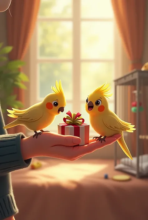 Lulu the cockatiel gets a gift from her owner