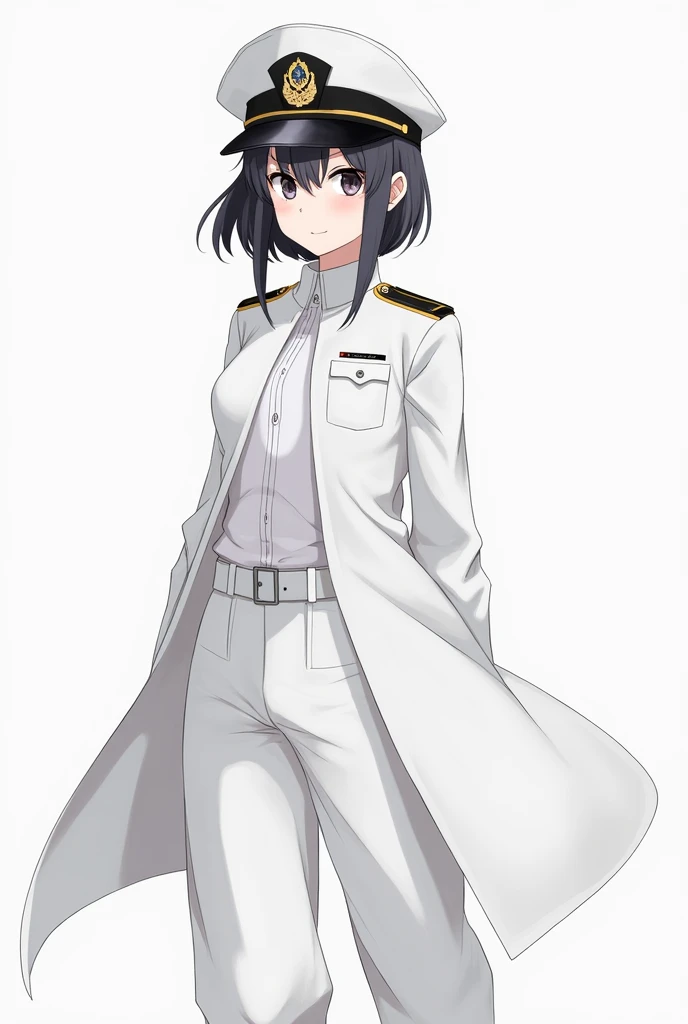 Highest quality　High resolution　Simple　White military uniform with a stand-up collar　army officers　military cap　class seal　white open coat　Baggy　Long bangs　Adult female　Casual expression　cute　Strong posture　Dynamic Lighting　（（head to waste:1.8））