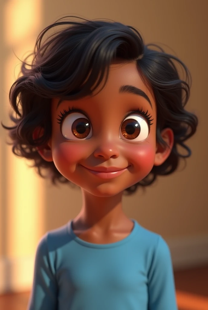 Make a Disney Pixar girl, she is brown, her eyes are a little big, light brown, her hair is short to the neck, wavy, type 2c, and the blouse is blue, she is only .