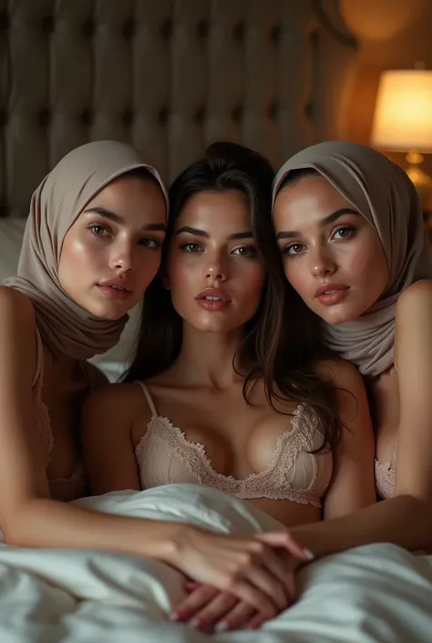 three hijab lesbian girl,lace bra,laying down on bed,sex,wet,lookin to camera.