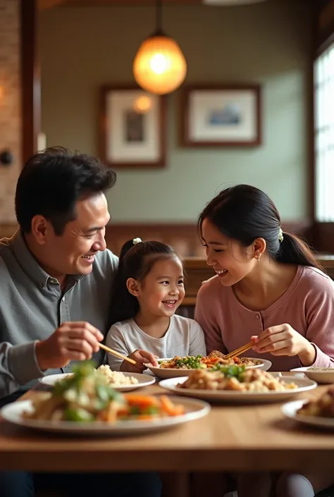 Create a photo where a family appears (2 girls, the father and the mother) in a restaurant eating 