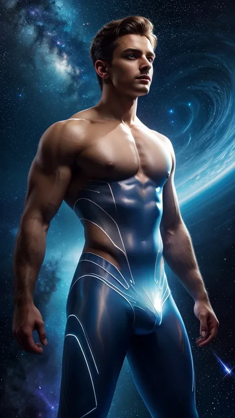 (masterpiece, high resolution, detailed:1.3), a mesmerizing depiction of a (strikingly handsome young man:1.2) donning (wearing transparent see-through futuristic clothes, bulge:1.2), standing against the backdrop of the vast and mysterious cosmos, breatht...