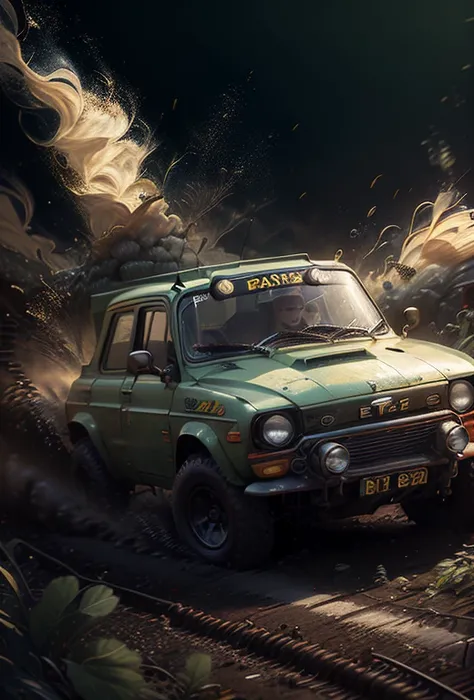 close-up, epic gaming poster vaz-2101 with big tires, shot from side,it is biochemical,racing stripes,motion blur,going really f...