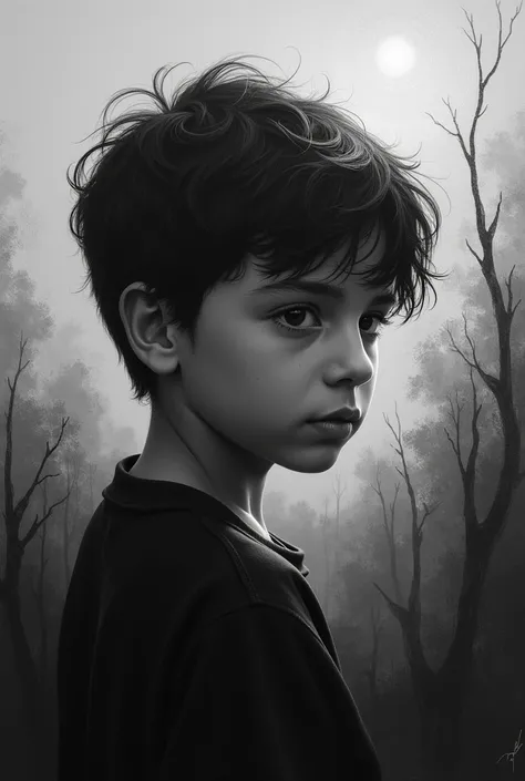 Create a black and white painting depicting a boy remembering his mother in his memories