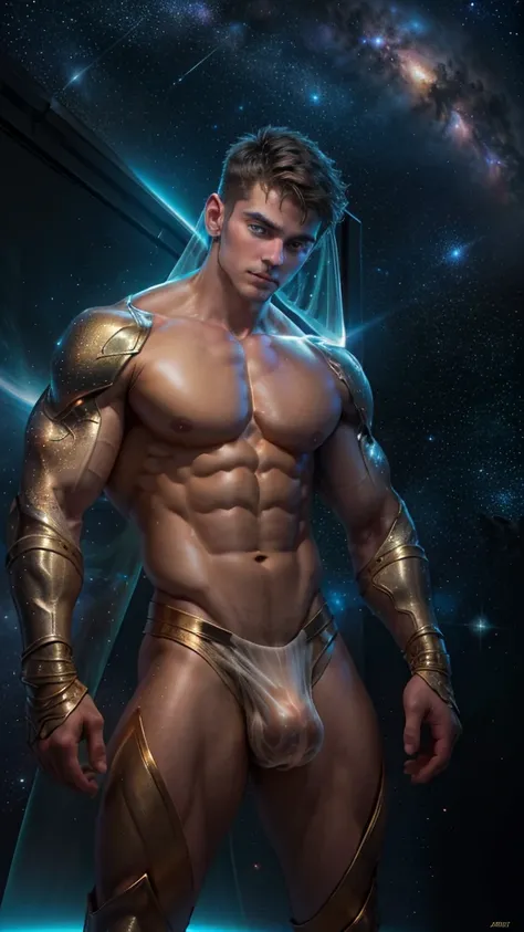 (masterpiece, high resolution, detailed:1.3), a mesmerizing depiction of a (strikingly handsome young man:1.2) donning (wearing transparent see-through futuristic clothes, bulge:1.2), standing against the backdrop of the vast and mysterious cosmos, breatht...