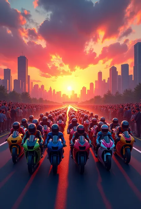 

“Create a vibrant portrait-oriented image depicting a thrilling motorcycle race scene at sunset. In the foreground, show several racing motobike lined up with riders wearing colorful protective gear, eagerly waiting for the race to start. The background ...