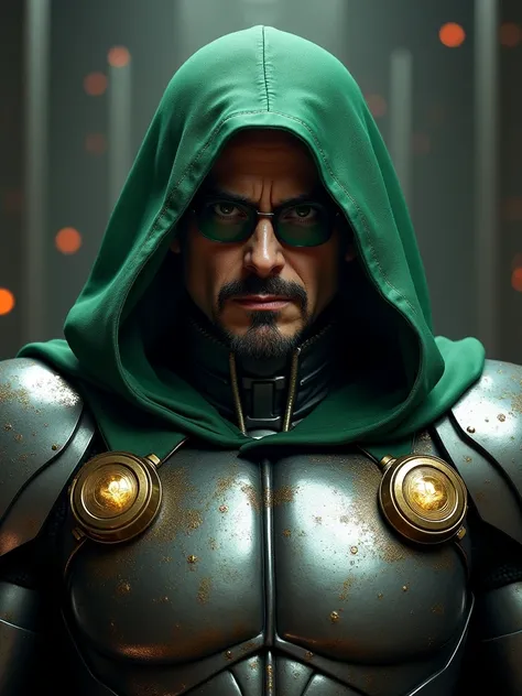 Create a highly detailed and realistic portrayal of Robert Downey Jr. as Dr. Doom. The character should wear the iconic metallic armor and green hooded cloak of Dr. Doom, with a stern, authoritative expression on his face. The mask is slightly lifted to re...