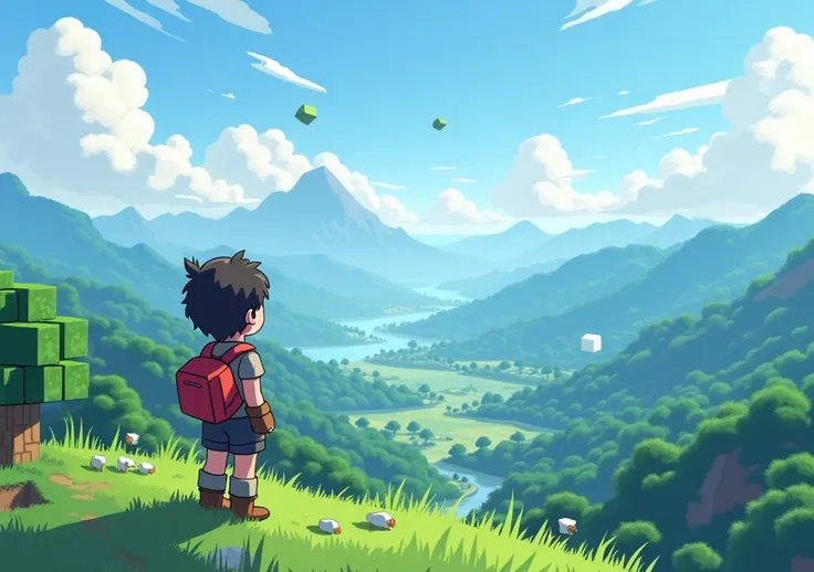 a 2d anime character looking at a landscape in minecraft