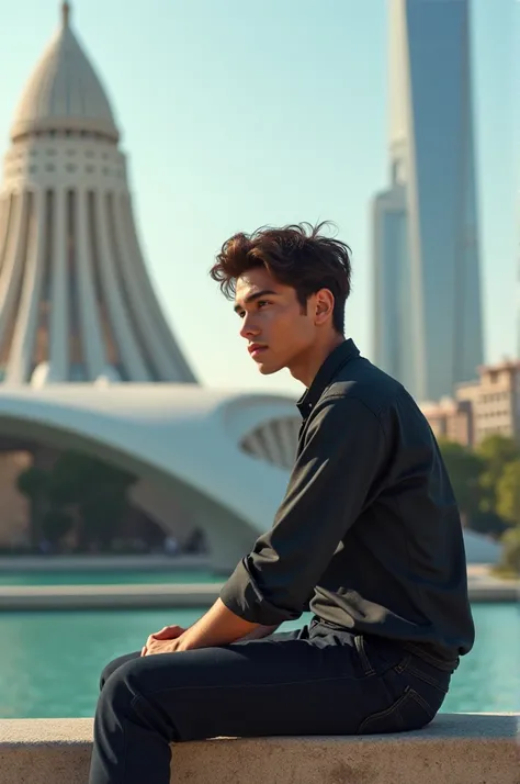 A boy sitting on a bench and in the background the city of arts and sciences Valencia very handsome and with a very marked jaw