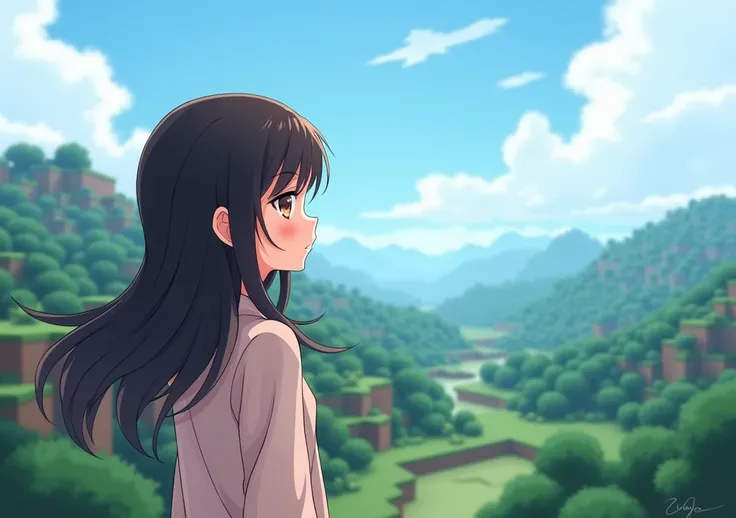 a 2d female anime character looking at a landscape in minecraft