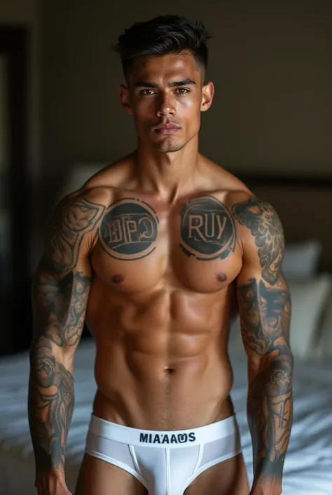 a young man AI high quality muscular tattoo with name ruy light skin tanned piercing gaze light pink mouth with bedroom background showing realistic white boxer briefs