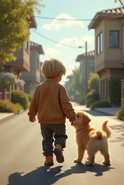 (photorealism:1.2), white boy, blond, from behind, playing in the street with a puppy, nice clothes, straight hair like leonardo dicaprio in titanic