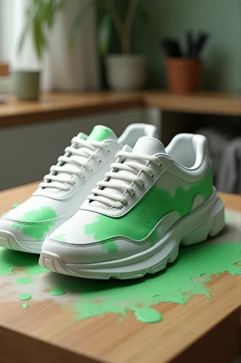 Make me some white F1 shoes with green stains as if they had been damaged by soap, at a kitchen table