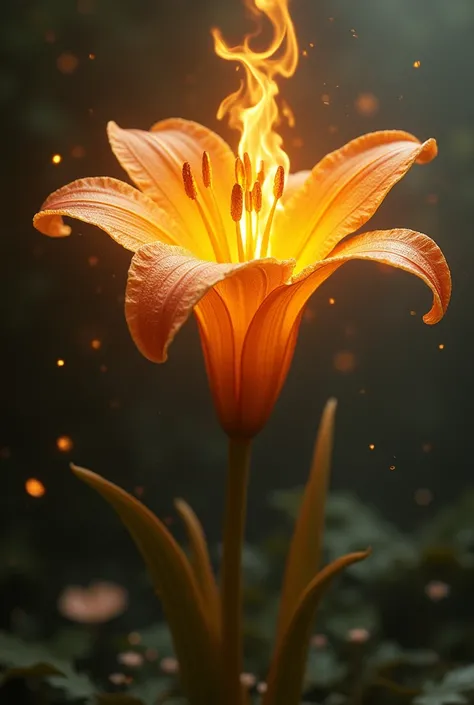 Create an image with a golden lily with fire coming out 