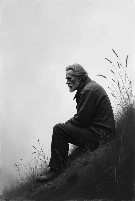 Create a black and white painting depicting a sad man sitting down edge of a hill remembering his mother in his imagination