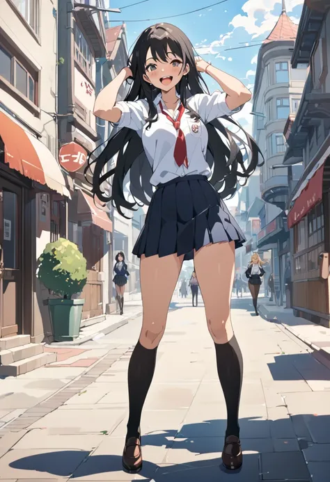 masterpiece, best quality, beautiful, Full-HD, 4K, 8K, woman, cheerful, laughing, standing, hands on hips, hands on head, looking at viewer, long hair, black hair, black eyes, tall, slender, leggy, gyaru, school uniform, in the town, in the afternoon, cel ...