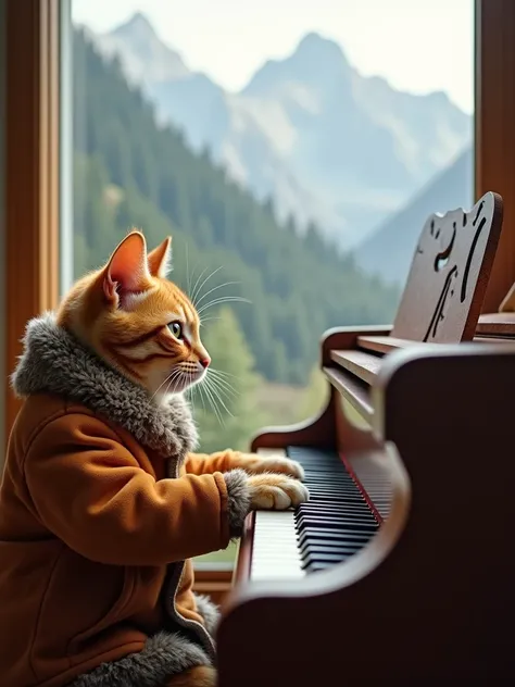 Orange cat playing piano in front of a window that looks at the dreamy mountain,He is dressed in a warm jacket ,he is a pianist cat