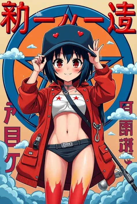 ドット絵,jacket partially removed, heart in eye, burnt clothes, holding fishing rod, kanji, doujin cover, pentagram, tape gag, adjusting headwear, red socks, friends, cloud print, coke-bottle glasses, oral invitation, competition school swimsuit, barbell pierc...