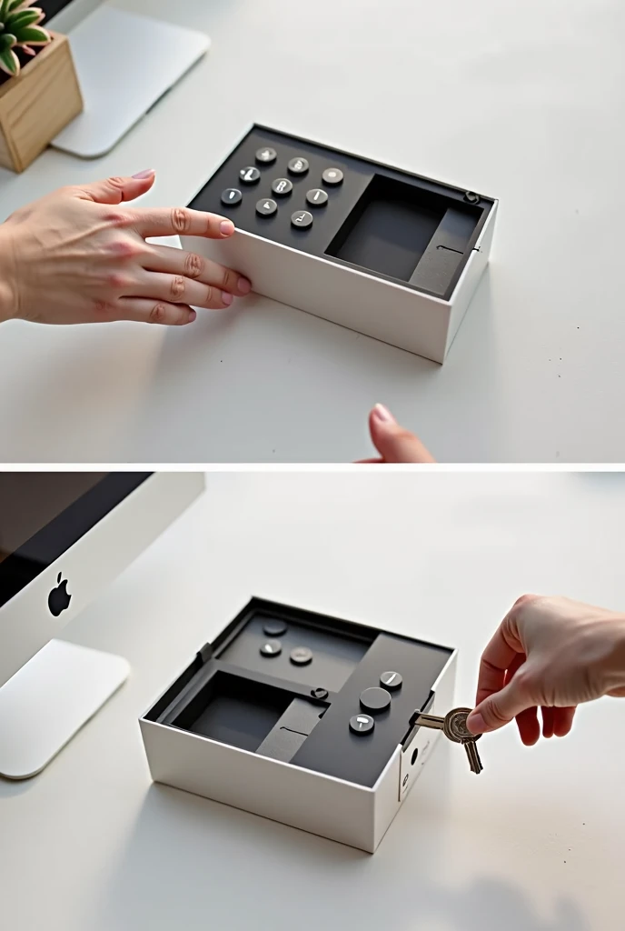 This idea consists of a small box that stores the keys and through a button mechanism, allows the user to choose which key they want, saving time and eliminating the disorganization that traditional key chains create.