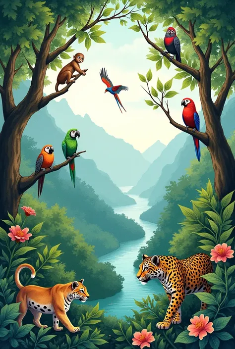 Amazon in watercolor with animals and forest
