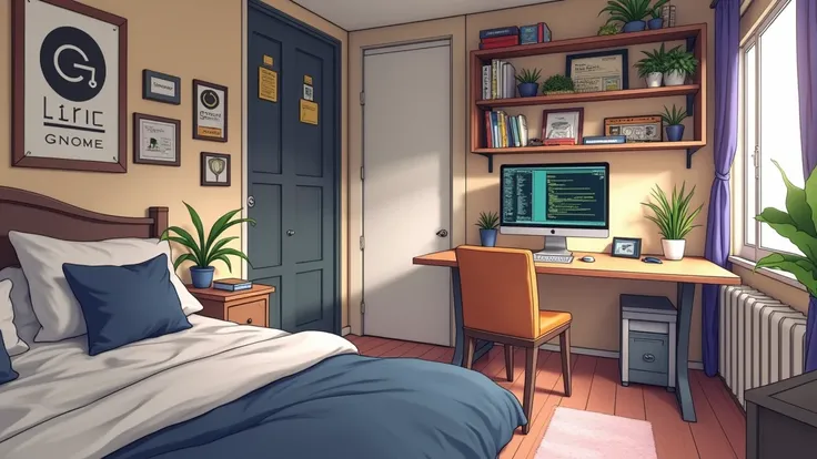 a bedroom of a nerdy anime girl, (no-character:1.4), on computer screen runs Linux and a development IDE, there is a poster on the wall with GNOMEs desktop logo,  masterpiece, precision, realistic
