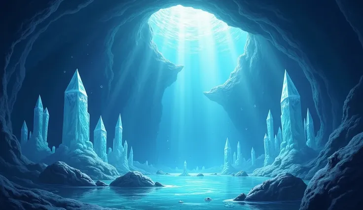 Crystal Cavern: A hidden underwater cave adorned with towering crystal formations that emit a soft, ethereal glow. The water inside the cave is perfectly clear, reflecting the crystals light and creating a surreal, otherworldly atmosphere. Small bubbles ri...