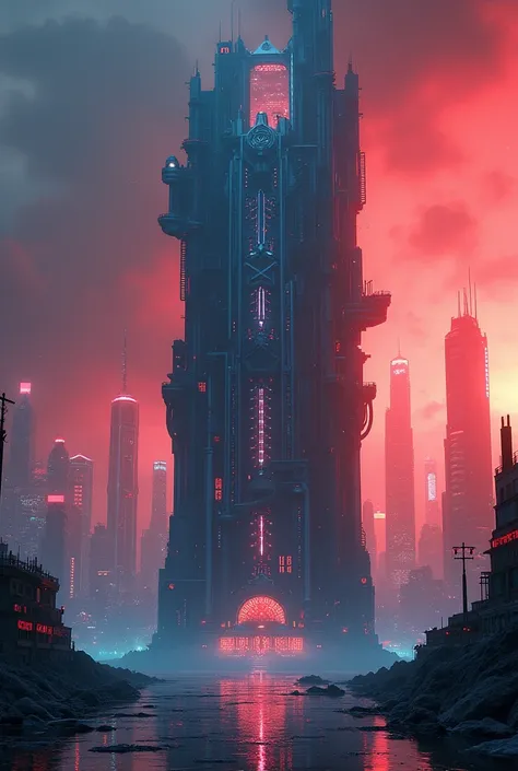 a beautiful palace cyberpunk, aggressive design, rendering 3D, made of plastica and metal, angelic sword themed, futuriatic style, futuriatic night city background, Red Orange and Blue colors, High like a skycraper , aggressive boor design