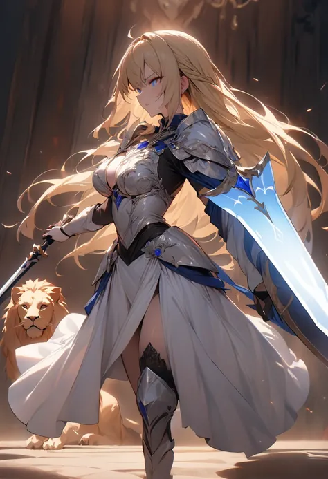 (((masterpiece, best quality, high detailed, 16k))) (1girl) A noble knight with flowing blonde hair and bright blue eyes, clad in shining silver armor adorned with royal blue accents. She carries a large shield emblazoned with a regal lion and wields a lon...